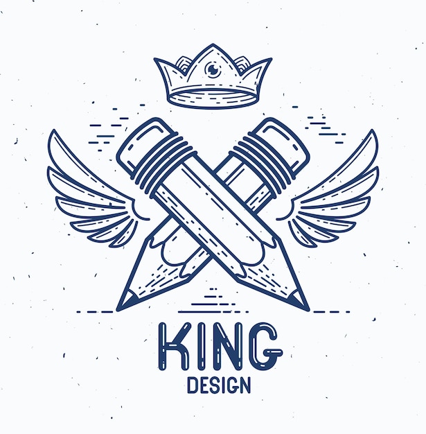 Two crossed pencils with wings and crown, vector simple trendy logo or icon for designer or studio, creative king, royal design, linear style.