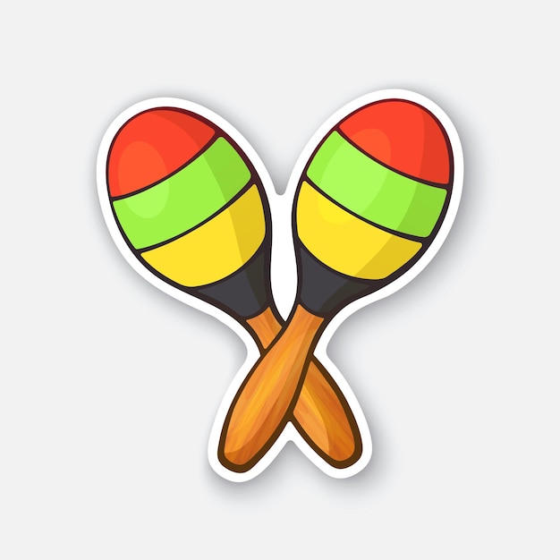 Two crossed wooden maracas in colored stripes Vector illustration