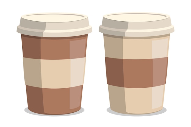 Two cups of fresh coffee. Disposable paper cup. Flat cartoon style. Decorative design for cafeteria, banners, postcards Vector image, illustration.