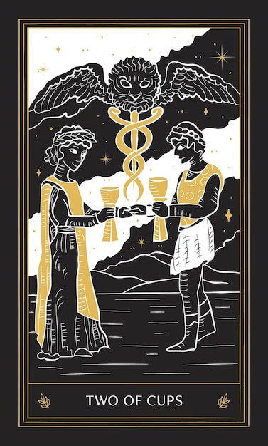 Two of Cups Tarot Card in Minor Arcana with Black Gold and White Hand Drawn Vector Doodle Style