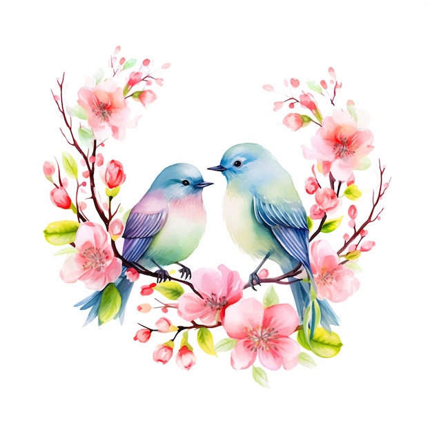 Two cut birds on a flower branch watercolor paint