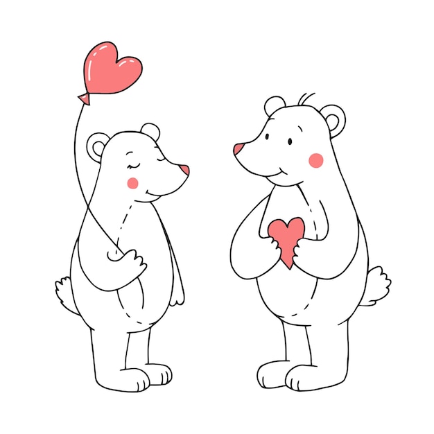 Two cute bears in love in a linear style with hearts