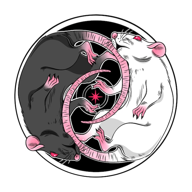 Two cute black and white dark magic rats illustration