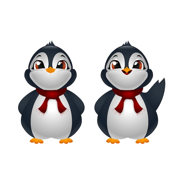 Two cute cartoon penguins in red scarf