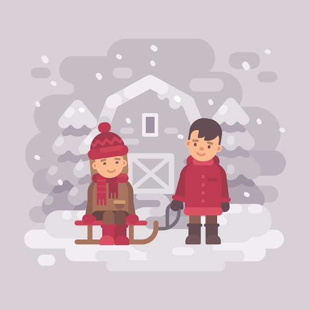 Two cute children riding a sled in the countryside