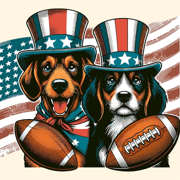 Two Cute Dogs With American Football Vintage Comic Style