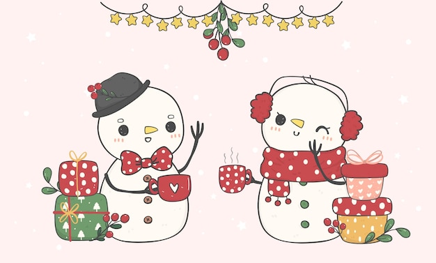 Two cute Happy Christmas snowman and snow girl with snowfall having coffee merry christmas doodle cartoon drawing vector