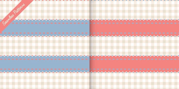 Two Cute Hearts and checkered seamless patterns set