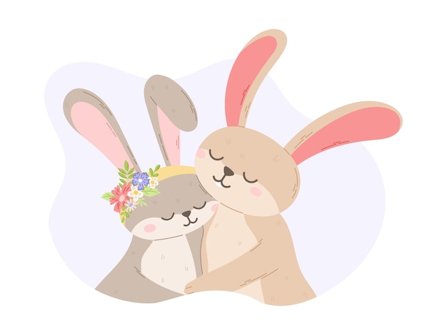 Two cute Hugging Hares Vector isolated flat illustration of animal couple in love