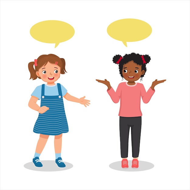 two cute kids little girls talking each other with speech bubble