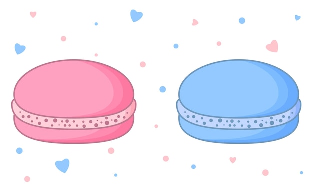 Two cute macarons Traditional French almond cookies in blue and pink colors Vector illustration