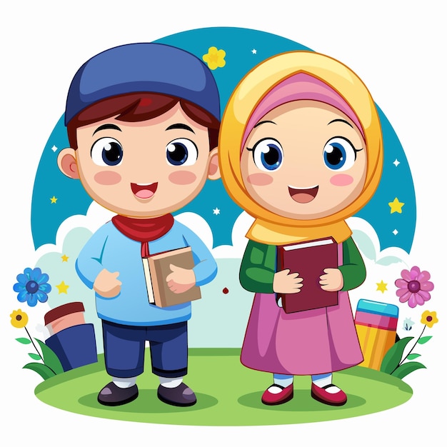 two cute muslim girls and boys cartoon