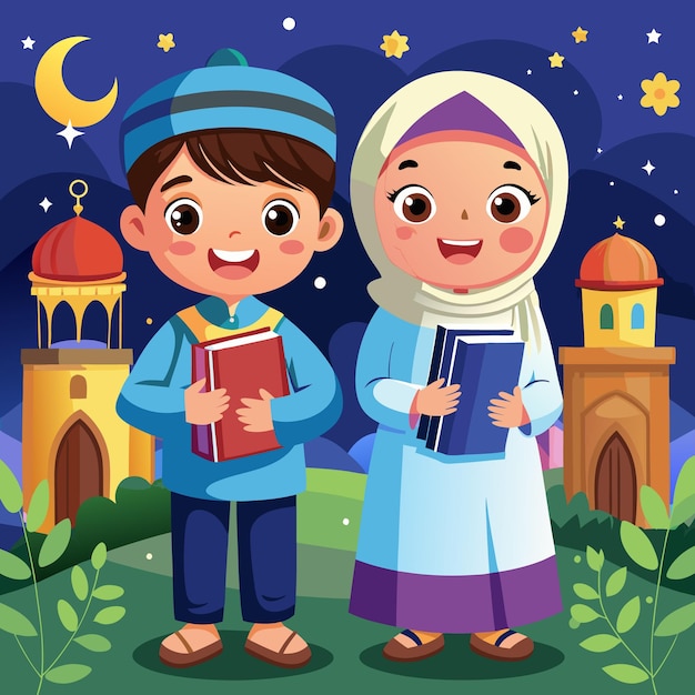 two cute muslim girls and boys cartoon