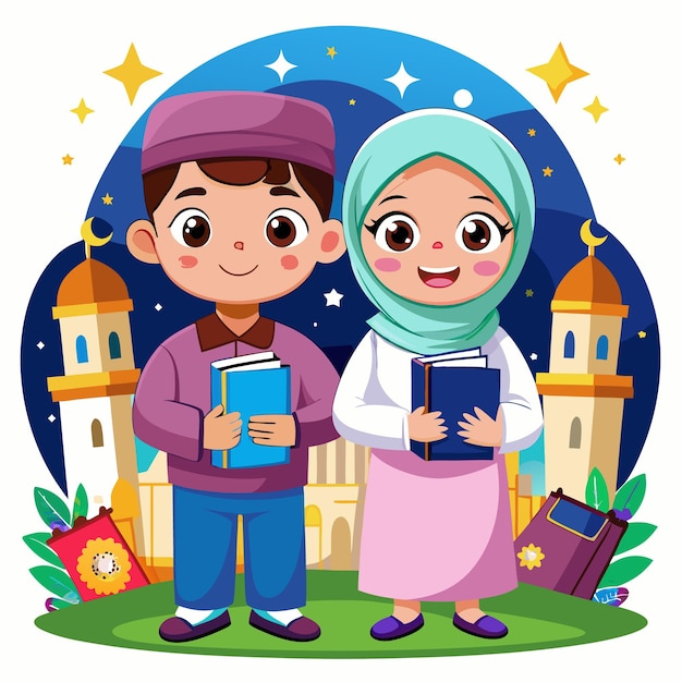 two cute muslim girls and boys cartoon