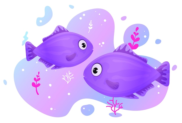 Two cute tropical fish in the sea. Brightly-coloured ocean fish. Underwater marine wild life.  illustration.