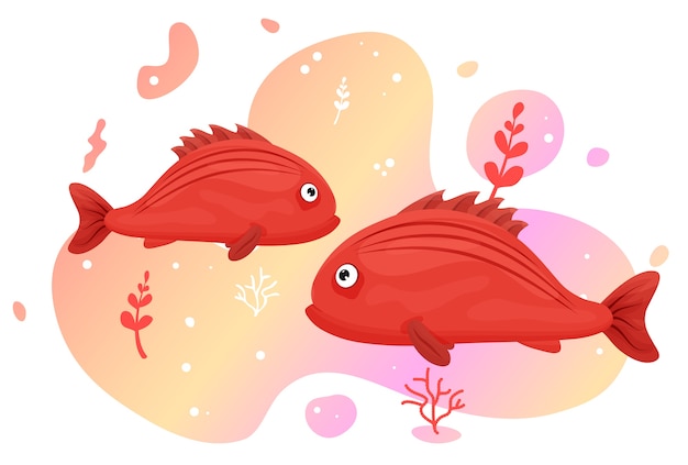 Two cute tropical fish in the sea. Brightly-coloured ocean fish. Underwater marine wild life.  illustration.