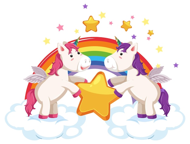 Two cute unicorns holding a star together