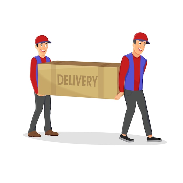 Two delivery mans holding a large box isolated on white background. cartoon illustration