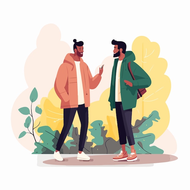 Vector two diverse guys talking and walking outdoors together