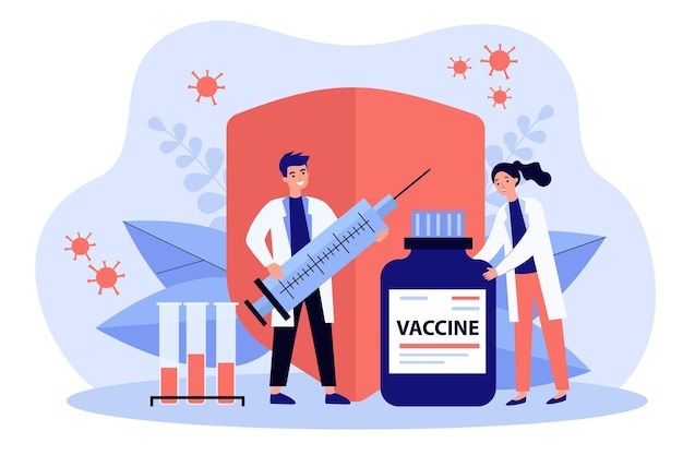 Two doctors with vaccine, test tubes and syringe flat illustration