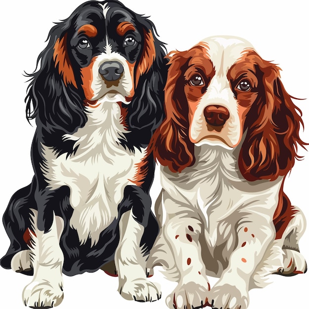 Vector two dogs sit side by side one of which has a black and white face