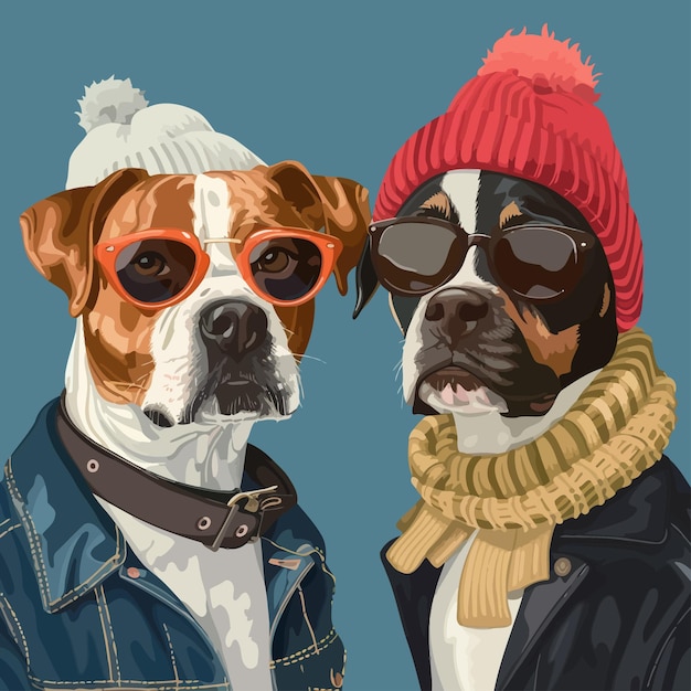 Vector two dogs wearing sunglasses and a hat with a hat that says the dog