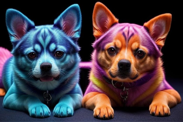 two dogs with purple and blue colors are sitting on a black surface