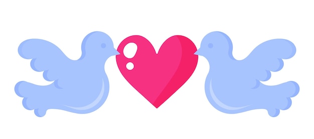 Two doves with a heart. Wedding and valentine day concept. Vector cartoon isolated illustration.