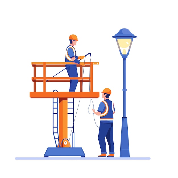 Vector two electricians in uniform on a lift they in the style of character vector flat illustration