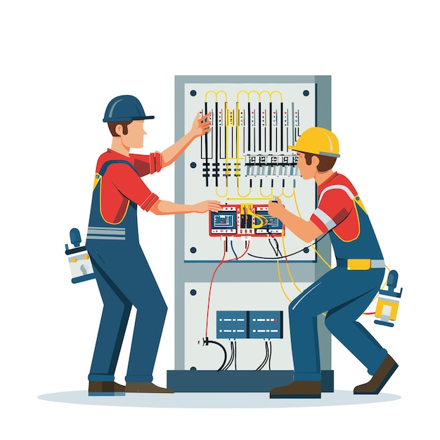 Vector two electricians working on an electrical panel in a flat vector illustration