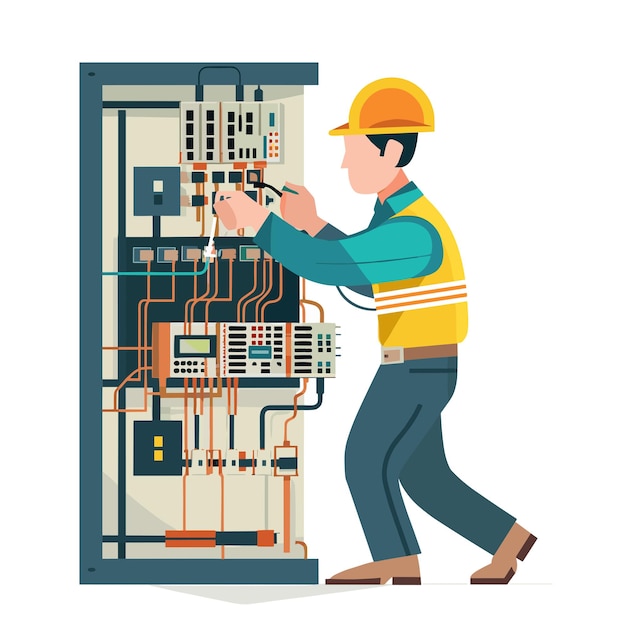 Vector two electricians working on an electrical panel flat vector illustration