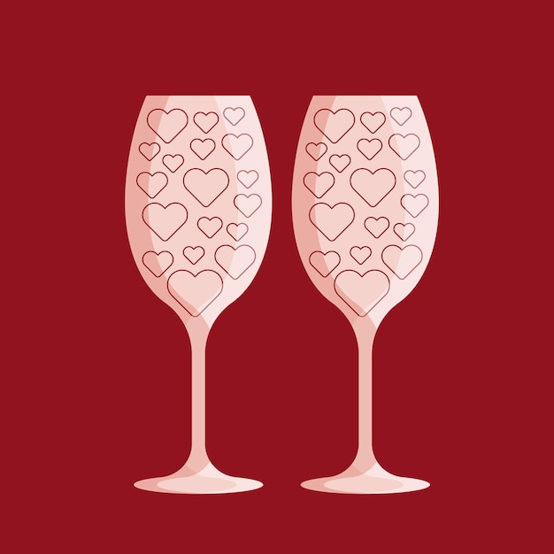 Two empty wine glasses ornate with hearts Valentines day concept Vector illustration