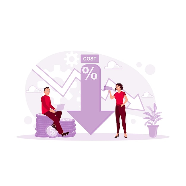 Two entrepreneurs created a business strategy to reduce project operational costs using laptops Cost Reduction concept trend modern vector flat illustration