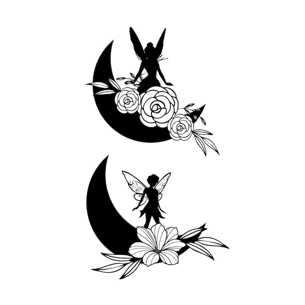 Two fairies sitting on a moon with roses on the bottom.