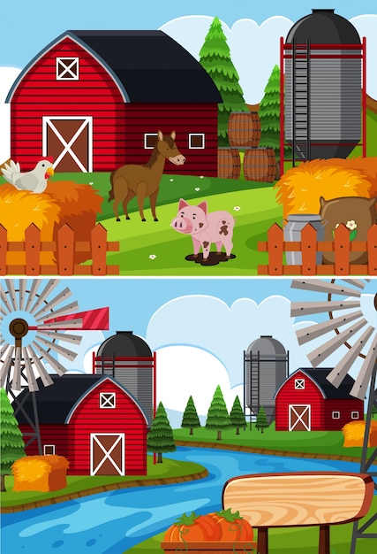 Two farm scenes with animals and barns