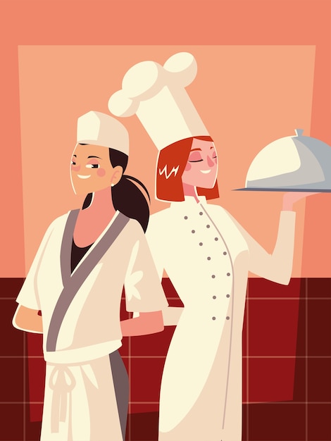 Two female chefs in white uniform and hat with dish service illustration