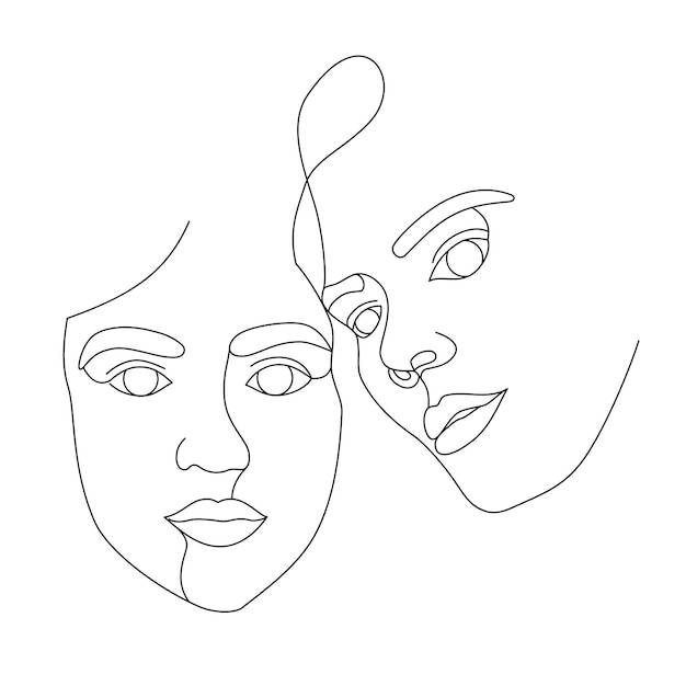 Two female faces drawn with one continuous line. Minimalistic abstract portraits of beautyful women. Modern fashion concept. Black sketch on white background