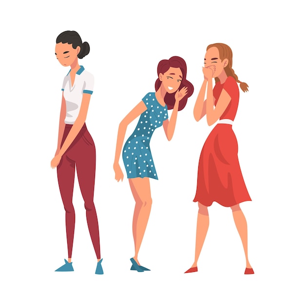 Vector two female friends cynically gossiping and giggling behind stressed girl cartoon vector illustration