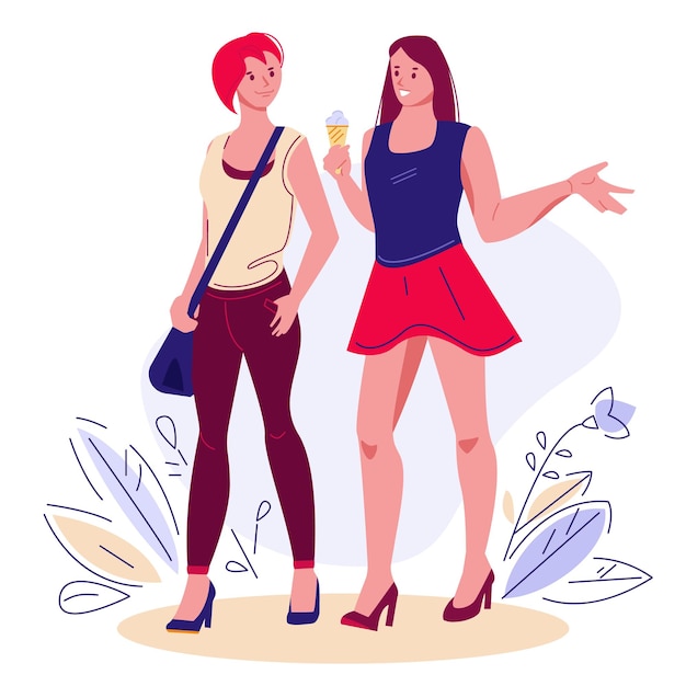 Two female friends walking in the summer chat spend time together