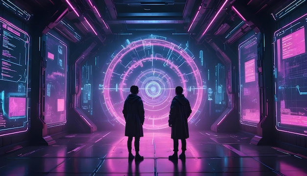 Vector two figures silhouetted in a futuristic neonlit room facing a large glowing circular portal the scene is evocative of a scifi setting with digital interfaces