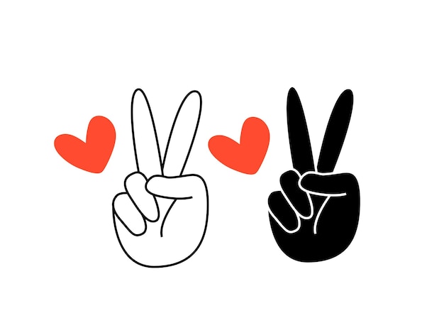 Two fingers peace sign with red hearts outline and silhouette