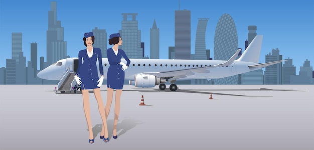 Vector two flight attendants meet passengers on the background of the aircraft vector