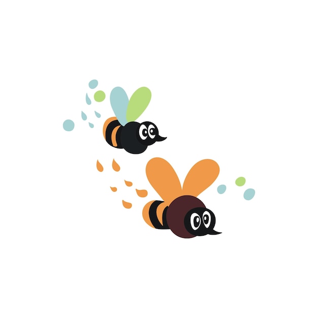 Two flying bees with big eyes and stings.