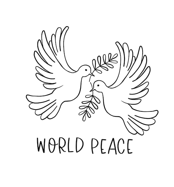 Two flying pigeons with a branch and leaves Dove of peace Hand drawn line sketch