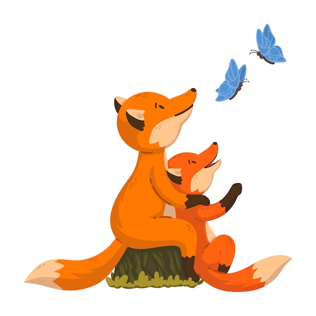 Two foxes are looking at the butterflies. Cartoon forest animals parent with baby.