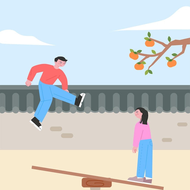 Two friends are riding a traditional Korean seesaw