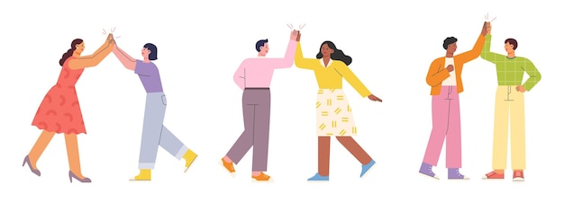 Two friends meet and high-five flat design style vector illustration.