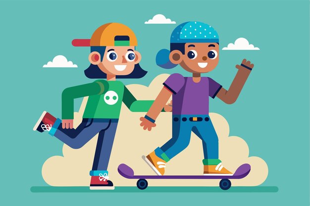 Vector two friends skateboard in a vibrant setting sharing smiles and a joyful atmosphere while skating together skate buddies customizable semi flat illustration