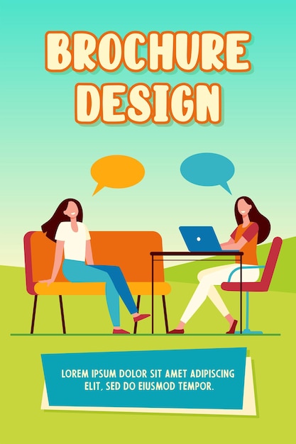 Two friends talking, sitting and using laptop. Speech bubble, chair, computer flat vector illustration