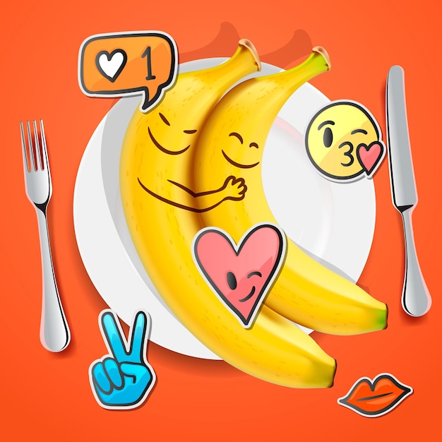 Two funny bananas with emoji faces in love emoticon concept for Valentines day